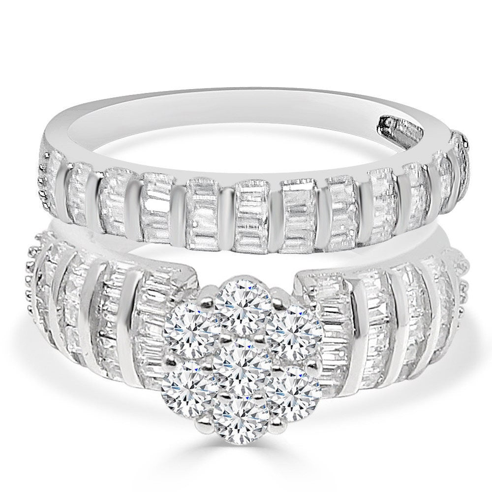 14K White Gold On Sterling Silver Ladies Bridal Wedding Engagement 2 Piece Rings Set Solitaire 3.00 Cwt. Round Cut Simulated Diamond Band