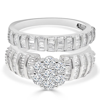 14K White Gold On Sterling Silver Ladies Bridal Wedding Engagement 2 Piece Rings Set Solitaire 3.00 Cwt. Round Cut Simulated Diamond Band