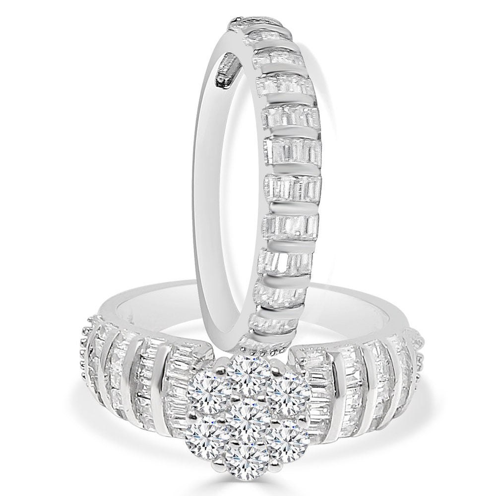 14K White Gold On Sterling Silver Ladies Bridal Wedding Engagement 2 Piece Rings Set Solitaire 3.00 Cwt. Round Cut Simulated Diamond Band