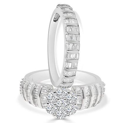 14K White Gold On Sterling Silver Ladies Bridal Wedding Engagement 2 Piece Rings Set Solitaire 3.00 Cwt. Round Cut Simulated Diamond Band