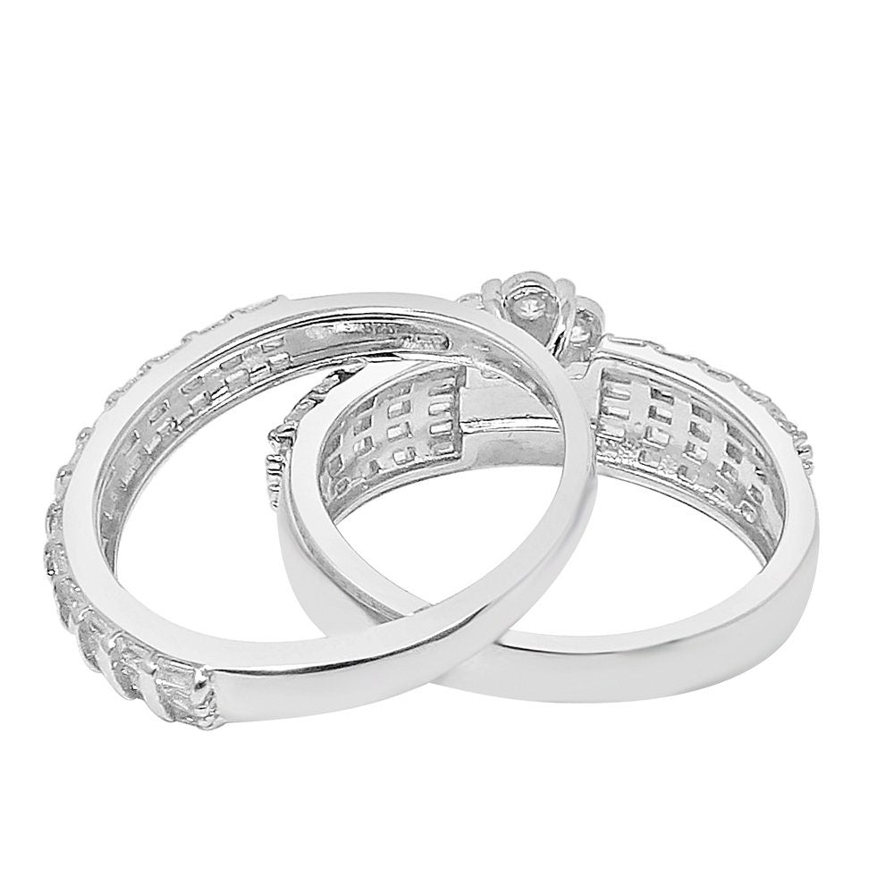 14K White Gold On Sterling Silver Ladies Bridal Wedding Engagement 2 Piece Rings Set Solitaire 3.00 Cwt. Round Cut Simulated Diamond Band