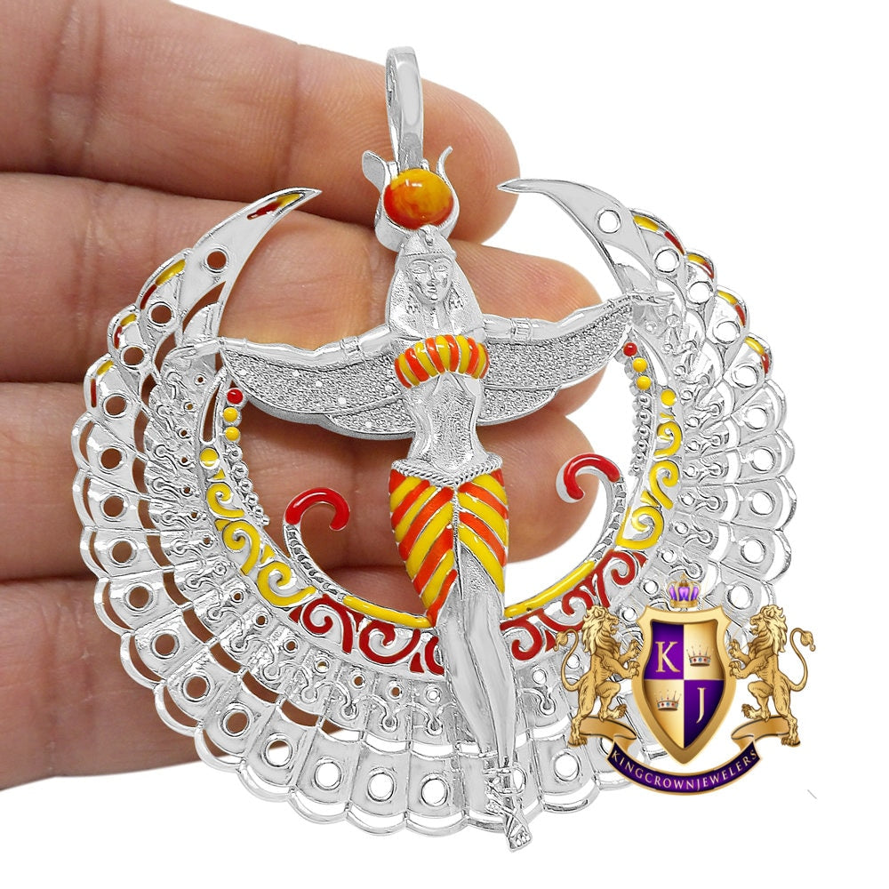 Real Genuine Diamond 0.60 Cwt. Egyptian Sky Goddess God Isis Exclusive Custom Pendent White Gold Over Pharaoh Charm 35 + Grams Big  2.85''