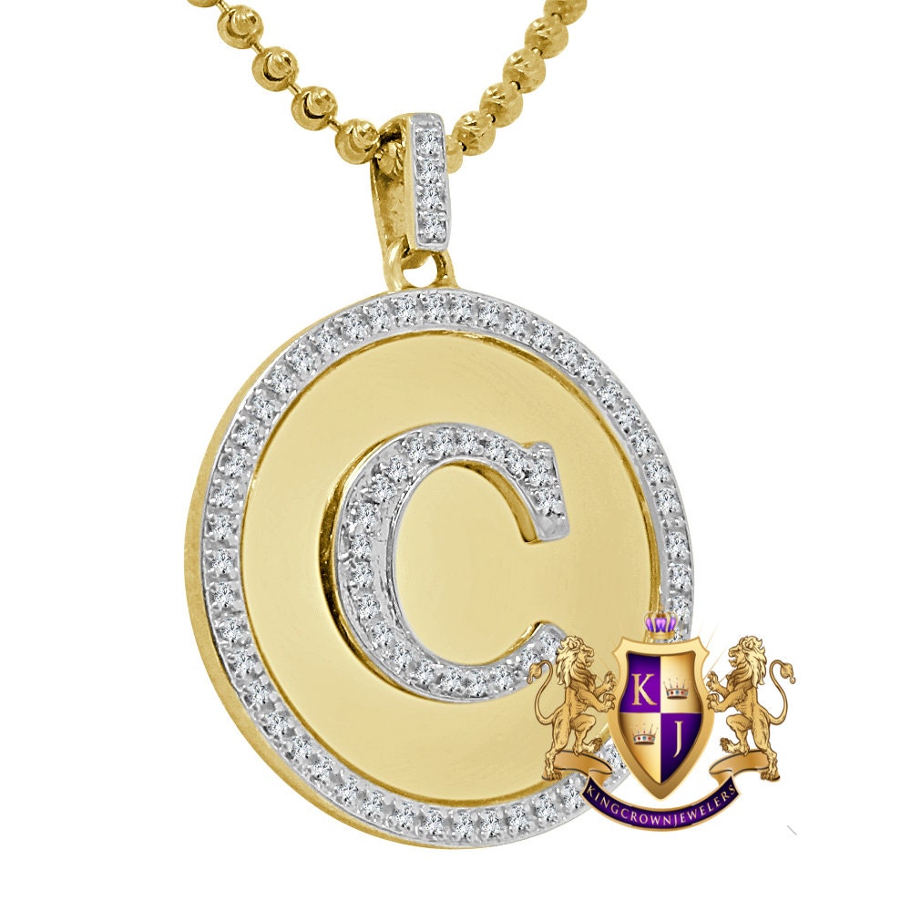 Mens 100% Real 10k Yellow Gold Genuine Diamond Initial Letter Pendent Charm + Free Chain Necklace