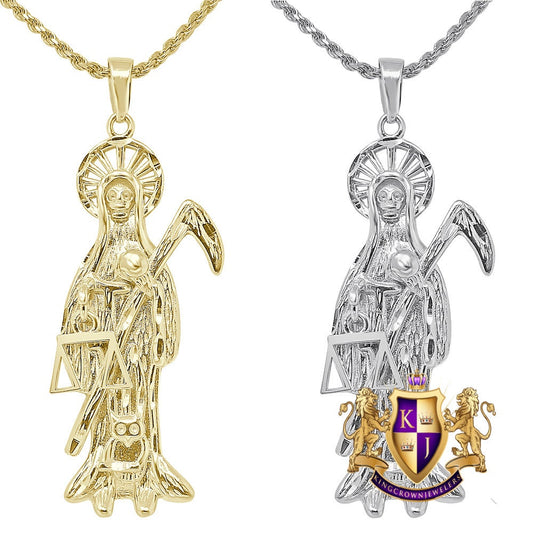 Real Genuine Sterling Silver 14K Gold Over Santa Muerte Grim Reaper Angel of Death Pendent Charm 2.25''
