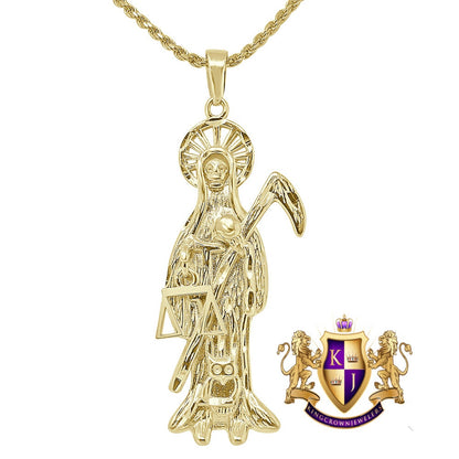 Real Genuine Sterling Silver 14K Gold Over Santa Muerte Grim Reaper Angel of Death Pendent Charm 2.25''