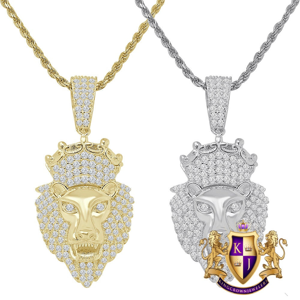 Real Sterling Silver Men's 14K Gold Finish Simulated Diamond Lion King Head Charm Crown Pendent + Rope Chain