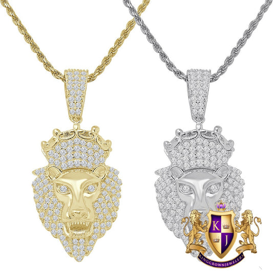 Real Sterling Silver Men's 14K Gold Finish Simulated Diamond Lion King Head Charm Crown Pendent + Rope Chain