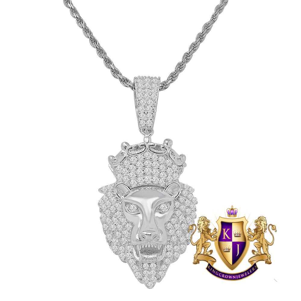 Real Sterling Silver Men's 14K Gold Finish Simulated Diamond Lion King Head Charm Crown Pendent + Rope Chain