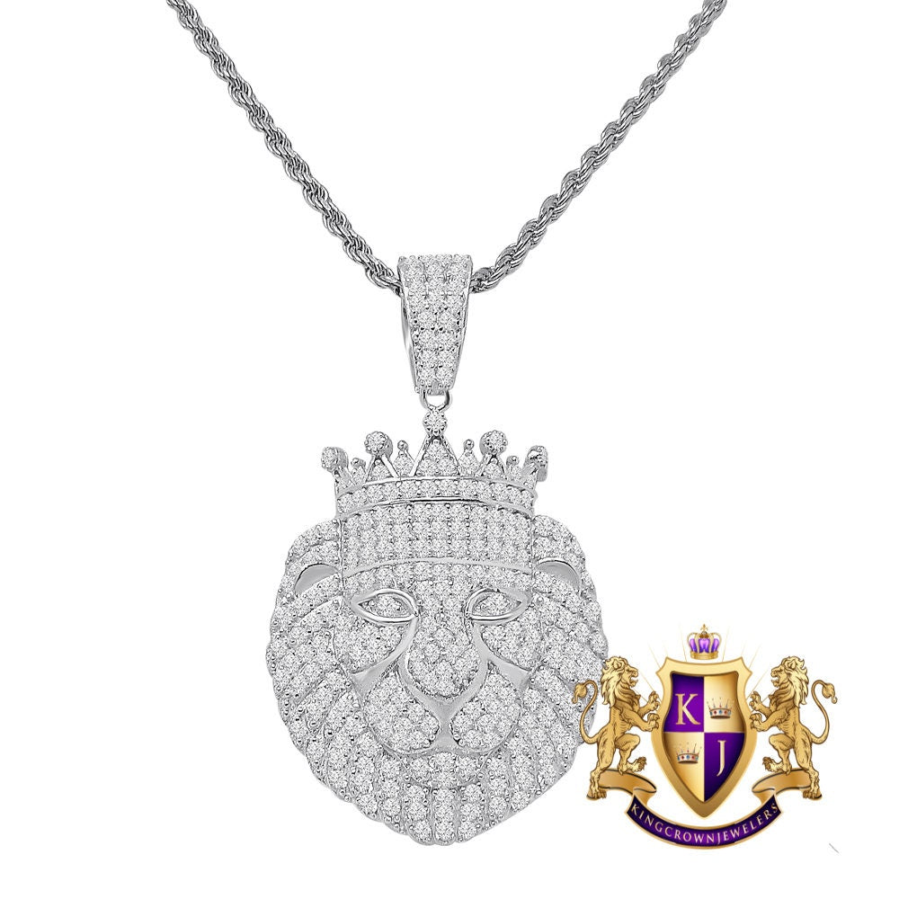 Genuine Sterling Silver Men's 14K Gold Finish Simulated Diamond Lion King Head Charm Crown Pendent + Rope Chain