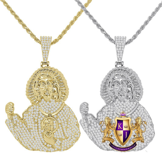 14K Gold Over Simulated Diamond Holy Jesus Crist Face Piece Custom Charm Pendent Chain Set