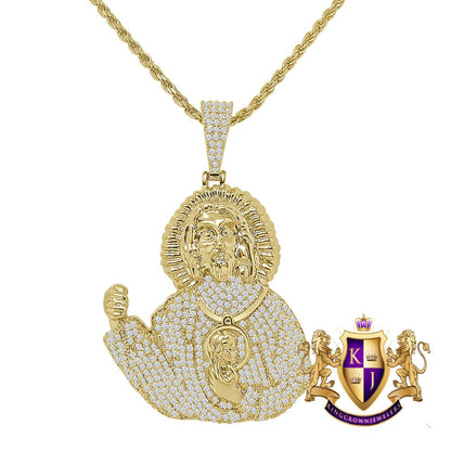 14K Gold Over Simulated Diamond Holy Jesus Crist Face Piece Custom Charm Pendent Chain Set