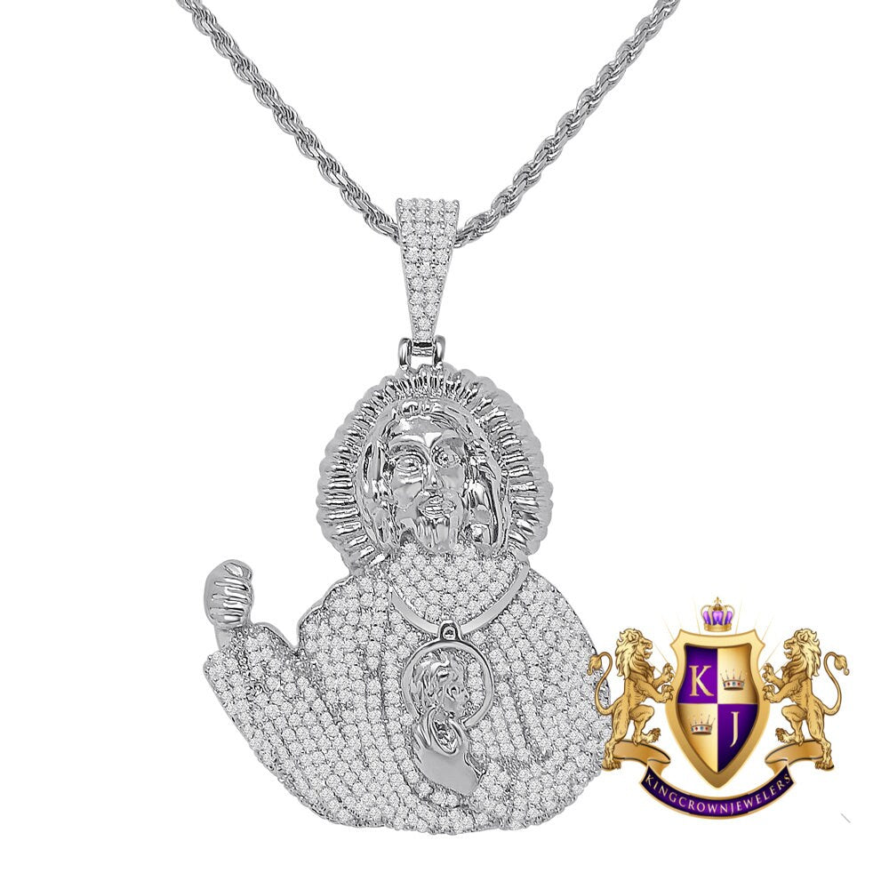 14K Gold Over Simulated Diamond Holy Jesus Crist Face Piece Custom Charm Pendent Chain Set