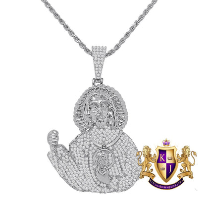 14K Gold Over Simulated Diamond Holy Jesus Crist Face Piece Custom Charm Pendent Chain Set