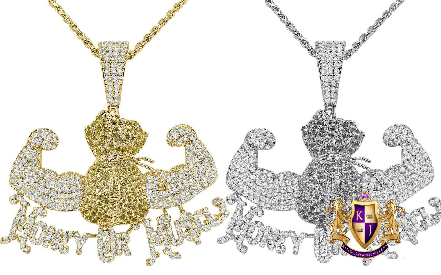 Custom Piece 14K Gold Over Simulated Diamond Money Power Flexing Dollar Bag Custom Designer Pendant Charm Chain Set