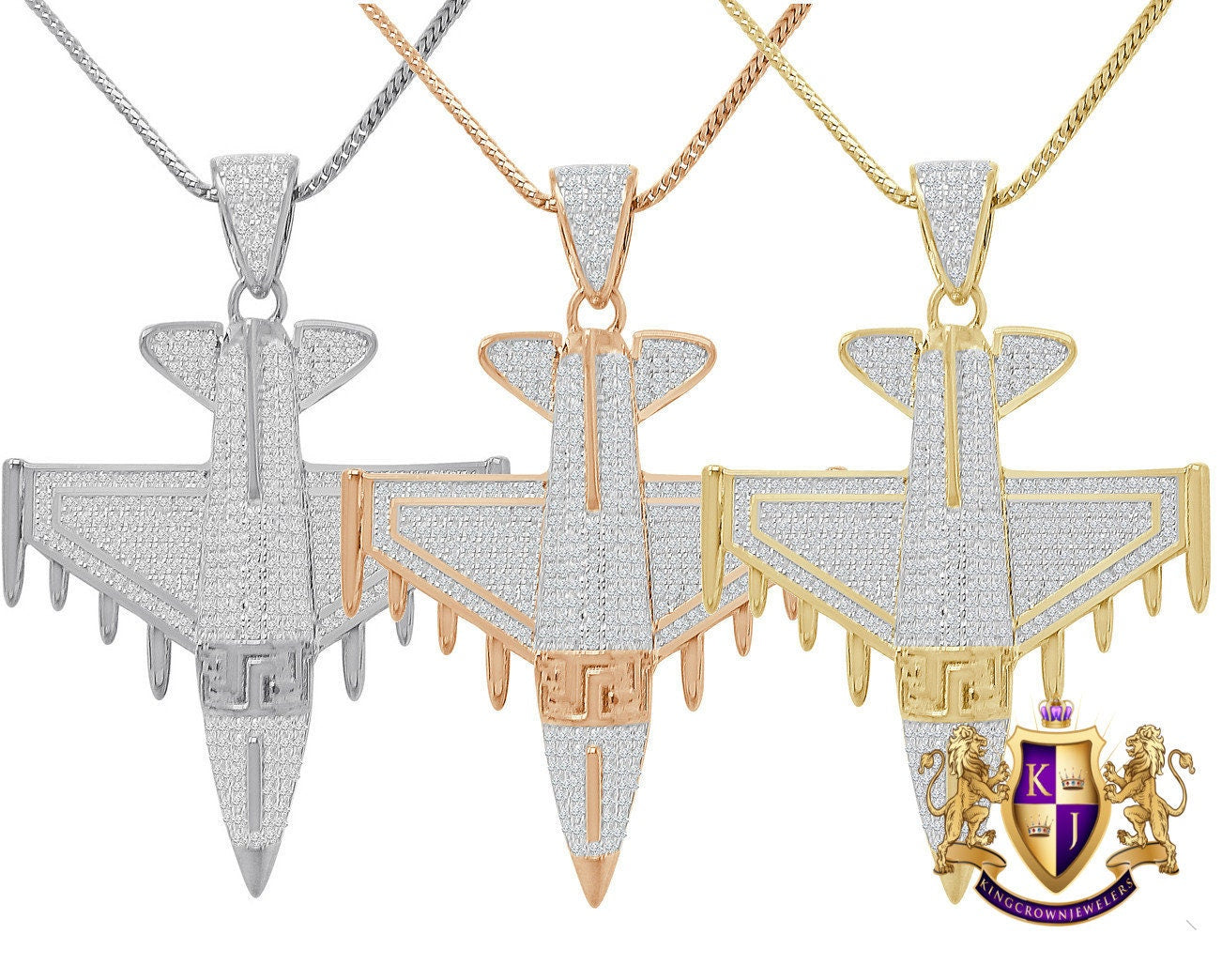 Men's 20+ Grams Real Genuine Italian Steeling Silver 2.00 Cwt. Simulated Diamond 14K Solid Gold Over Airplane Jet Pendant Charm Chain Set