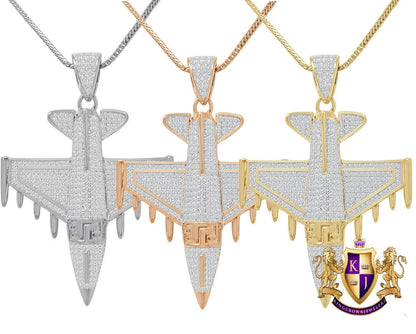 Men's 20+ Grams Real Genuine Italian Steeling Silver 2.00 Cwt. Simulated Diamond 14K Solid Gold Over Airplane Jet Pendant Charm Chain Set