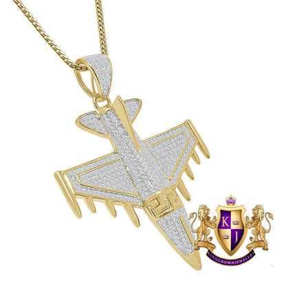 Men's 20+ Grams Real Genuine Italian Steeling Silver 2.00 Cwt. Simulated Diamond 14K Solid Gold Over Airplane Jet Pendant Charm Chain Set
