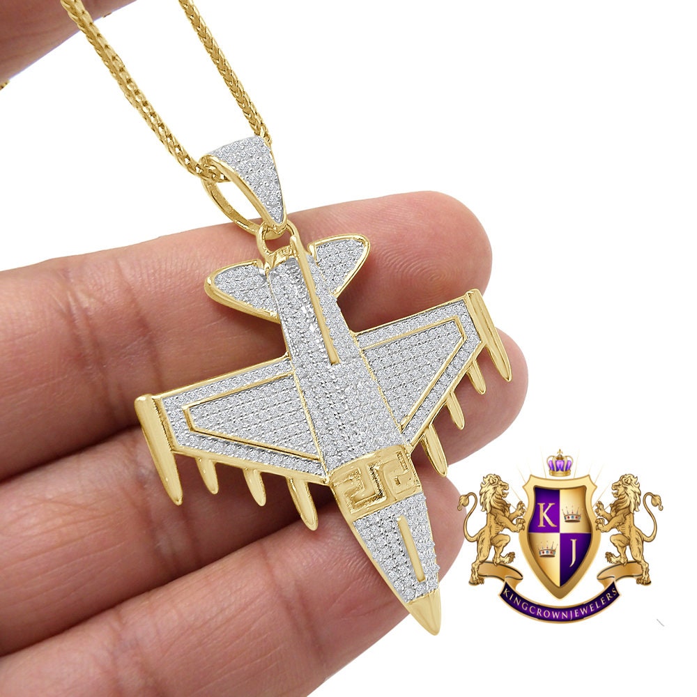 Men's 20+ Grams Real Genuine Italian Steeling Silver 2.00 Cwt. Simulated Diamond 14K Solid Gold Over Airplane Jet Pendant Charm Chain Set
