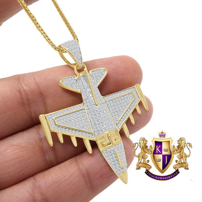 Men's 20+ Grams Real Genuine Italian Steeling Silver 2.00 Cwt. Simulated Diamond 14K Solid Gold Over Airplane Jet Pendant Charm Chain Set