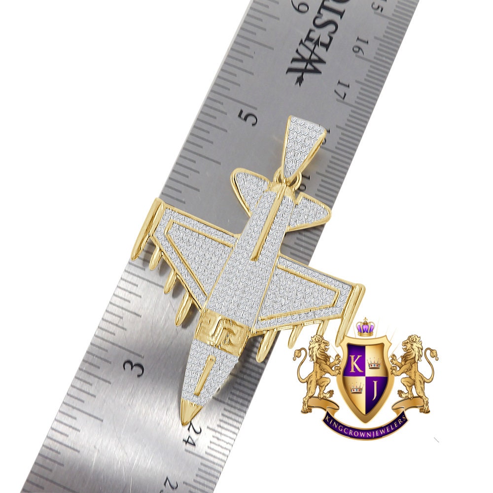 Men's 20+ Grams Real Genuine Italian Steeling Silver 2.00 Cwt. Simulated Diamond 14K Solid Gold Over Airplane Jet Pendant Charm Chain Set