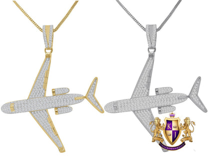 20+ Grams Real Genuine Authentic Sterling Silver 2.00 Cwt. Simulated Diamond 14K Gold Over Sky Airplane Jet Custom Pendent Men's Charm Chain