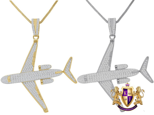 20+ Grams Real Genuine Authentic Sterling Silver 2.00 Cwt. Simulated Diamond 14K Gold Over Sky Airplane Jet Custom Pendent Men's Charm Chain