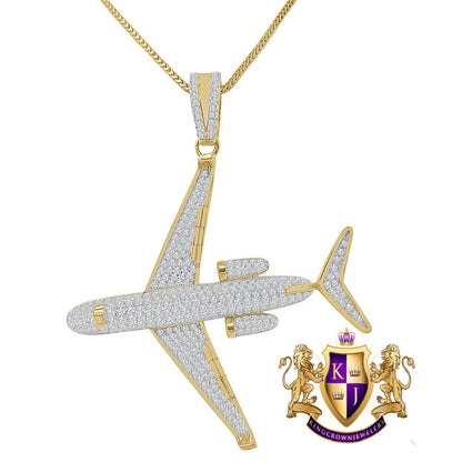 20+ Grams Real Genuine Authentic Sterling Silver 2.00 Cwt. Simulated Diamond 14K Gold Over Sky Airplane Jet Custom Pendent Men's Charm Chain