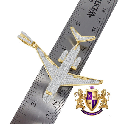 20+ Grams Real Genuine Authentic Sterling Silver 2.00 Cwt. Simulated Diamond 14K Gold Over Sky Airplane Jet Custom Pendent Men's Charm Chain
