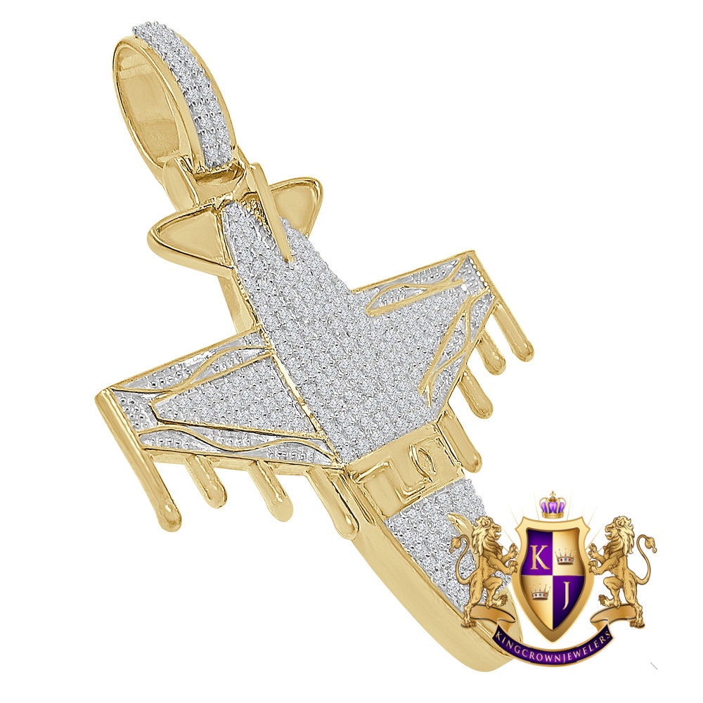 Real Genuine Authentic Italian Steeling Silver 17+ Grams 2.00 Cwt. Simulated Diamond 14K Gold Finish Airplane Jet Men's Pendent Charm 2.75''