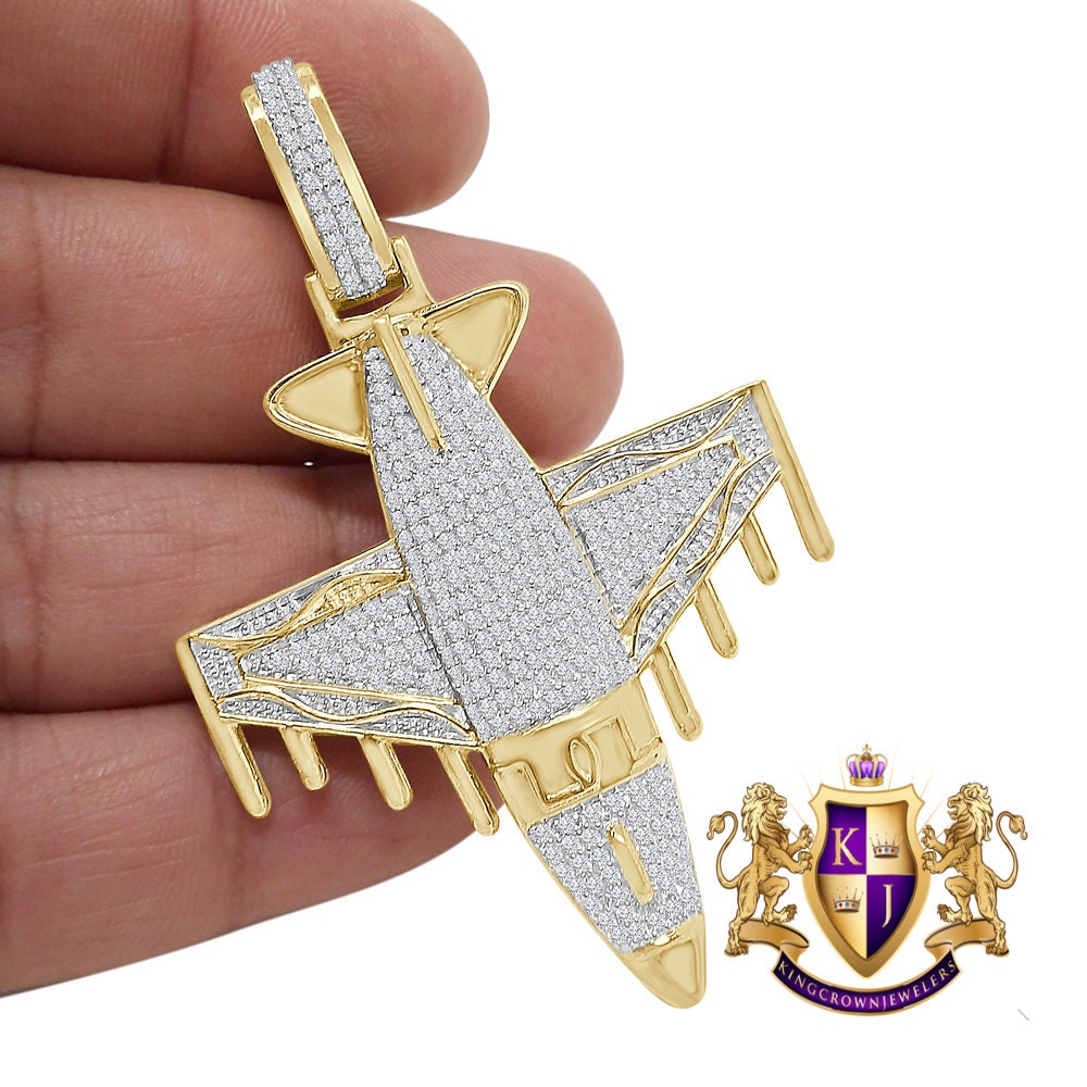 Real Genuine Authentic Italian Steeling Silver 17+ Grams 2.00 Cwt. Simulated Diamond 14K Gold Finish Airplane Jet Men's Pendent Charm 2.75''