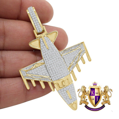 Real Genuine Authentic Italian Steeling Silver 17+ Grams 2.00 Cwt. Simulated Diamond 14K Gold Finish Airplane Jet Men's Pendent Charm 2.75''