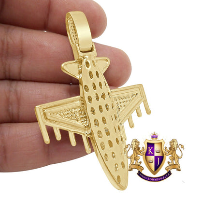 Real Genuine Authentic Italian Steeling Silver 17+ Grams 2.00 Cwt. Simulated Diamond 14K Gold Finish Airplane Jet Men's Pendent Charm 2.75''