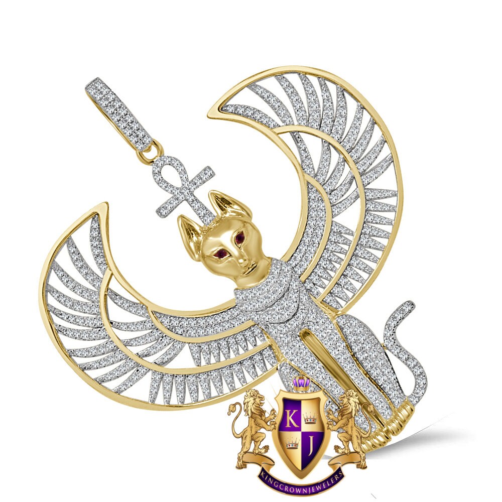 35 + Grams Big 3'' Genuine Sterling Silver Over 14K Gold Anubis Egyptian God Ankh Cross Pharaoh Custom Piece Charm Simulated Diamond Pendant