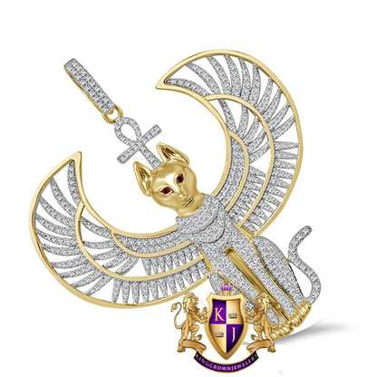35 + Grams Big 3'' Genuine Sterling Silver Over 14K Gold Anubis Egyptian God Ankh Cross Pharaoh Custom Piece Charm Simulated Diamond Pendant