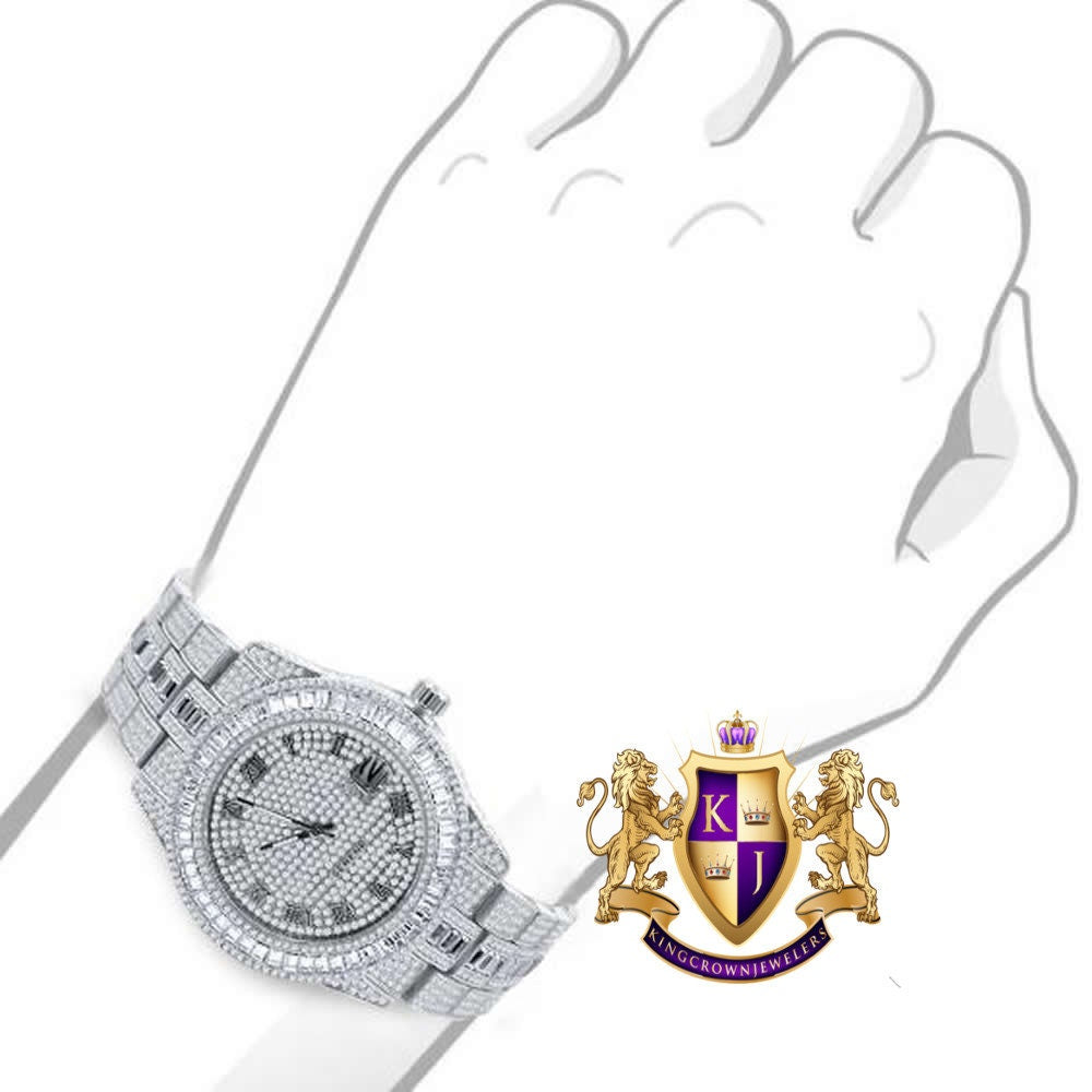 Baguette Roman Dial Men's 14K Gold Finish Simulated Diamond Solid Steel Back Presidential Watch 44mm W/Date Function