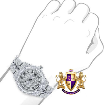 Baguette Roman Dial Men's 14K Gold Finish Simulated Diamond Solid Steel Back Presidential Watch 44mm W/Date Function