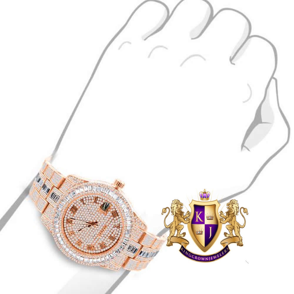 Baguette Roman Dial Men's 14K Gold Finish Simulated Diamond Solid Steel Back Presidential Watch 44mm W/Date Function