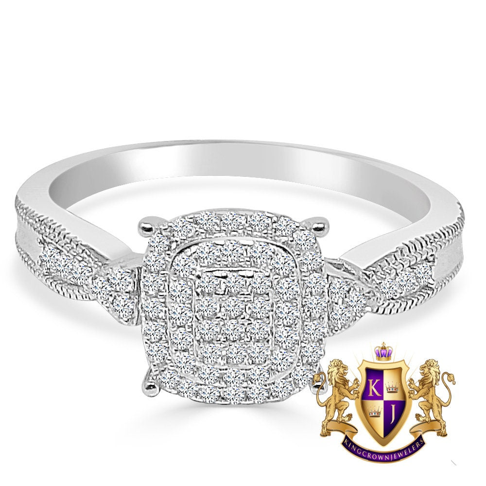 Ladies Women's Real Sterling Silver 10K White Gold Over Simulated Diamond Engagement Bridal Ring Band 1.00 Cwt.