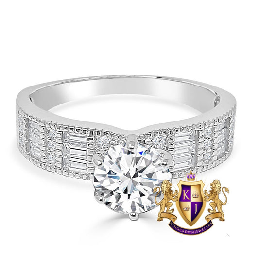 Solitaire Baguette Bridal Ring Real Sterling Silver 10K White Gold Over Simulated Diamond Ladies Engagement Band