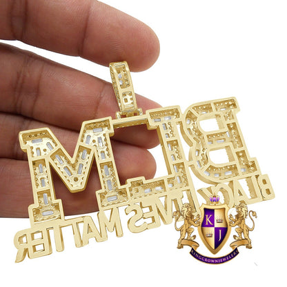 Big XL Baguette Real Yellow Gold  Sterling Silver Simulated Diamond "Black Lives Matter" Custom Pendent Charm 45+ Gram