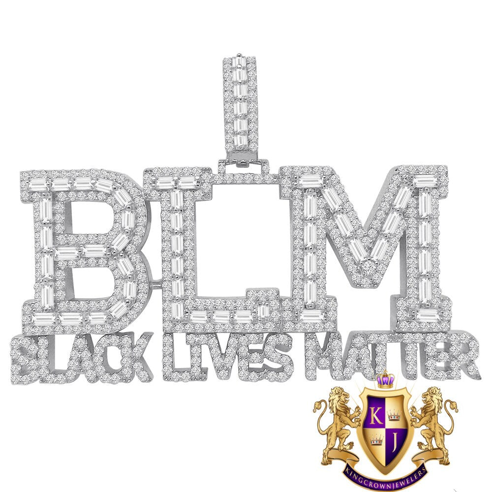 Big XL Baguette Real White Gold On Sterling Silver Simulated Diamond "Black Lives Matter" Custom Pendent Charm 45+ Gram