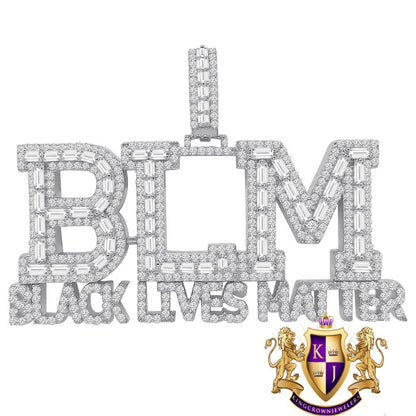Big XL Baguette Real White Gold On Sterling Silver Simulated Diamond "Black Lives Matter" Custom Pendent Charm 45+ Gram