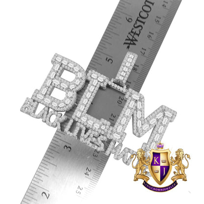 Big XL Baguette Real White Gold On Sterling Silver Simulated Diamond "Black Lives Matter" Custom Pendent Charm 45+ Gram