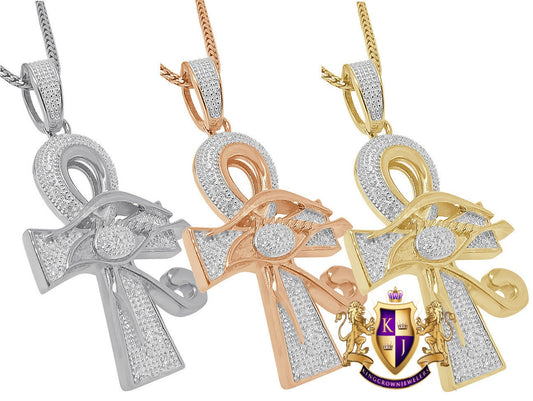 Real Genuine Diamond Egyptian Ankh Cross Eye Of Horus Pendent Charm Chain Set 10K Gold Finish Unisex 2''