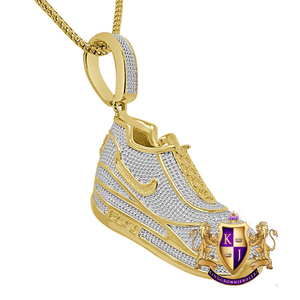 Real Genuine Authentic Diamond 0.33 Cwt. 31+ Grams Designer Shoe Pendant Sneaker 10K Gold Over Unisex Custom Charm Chain Neckless Set 2.10''