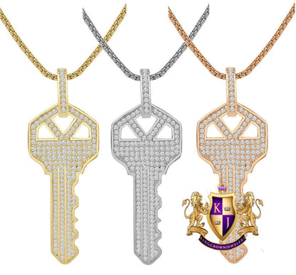 18 + Grams Men's Real Genuine Italian Sterling Silver Simulated Diamond 14K Gold Over Custom Key Padlock Pendent Charm 2.5''