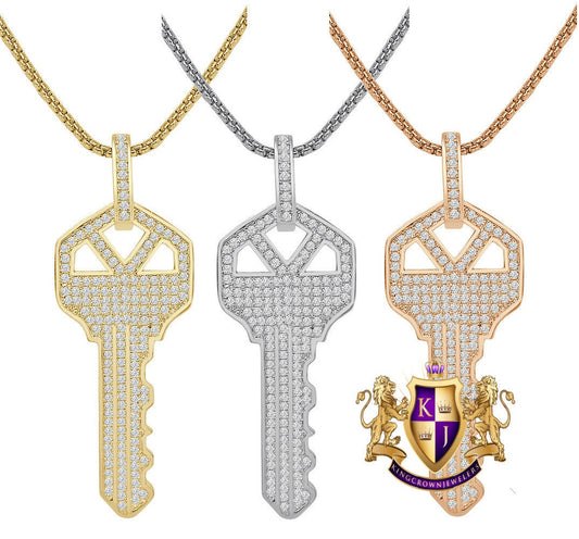 18 + Grams Men's Real Genuine Italian Sterling Silver Simulated Diamond 14K Gold Over Custom Key Padlock Pendent Charm 2.5''