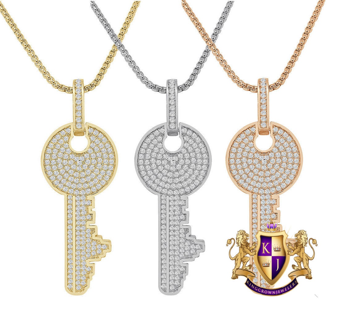 Genuine Authentic Italian Sterling Silver Simulated Diamond 14K Gold Over Custom City Key Pendent Padlock Charm 2.5''