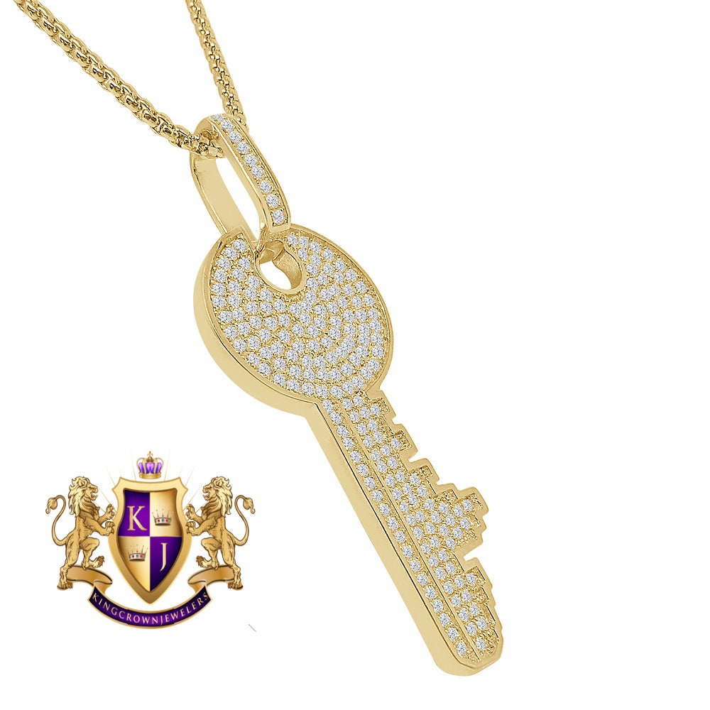 Genuine Authentic Italian Sterling Silver Simulated Diamond 14K Gold Over Custom City Key Pendent Padlock Charm 2.5''