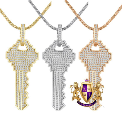 Men's Authentic Real Italian Sterling Silver Simulated Diamond 14K Gold Over Custom City Key Pendent Padlock Charm 2.5''